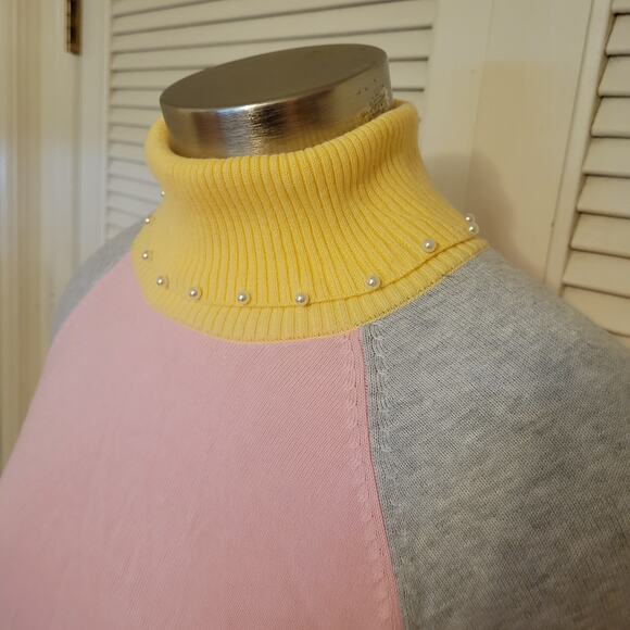 Charter Club Women's Color Block Cotton Rayon Sweater Pearl Beaded Turtle Neck - Picture 3 of 6